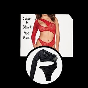 Frederick’s of Hollywood Kerry Black Lace Asymmetrical Bodysuit One-Shoulder S